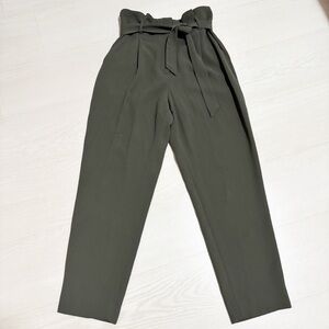 H&M Womens Paper‎ Bag Trousers Khaki Green High Waist with Pleats and Tie Belt